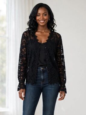 NWT Black Lace Button-Front Long Sleeve Cotton Cardigan us size 10